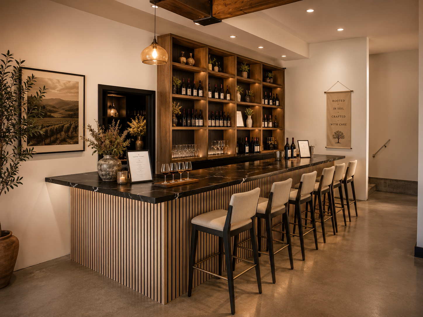 The new tasting room bar with stool seating, a marble counter, and back-lit shelves of wine
